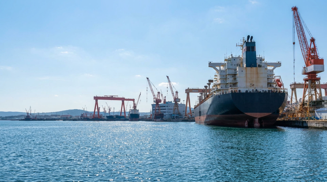 Illustrative merchant vessel alongside a shipyard at blue hour
